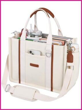 Canvas Tote Bag with Zipper Multi-Pocket Laptop Crossbody Shoulder Purse